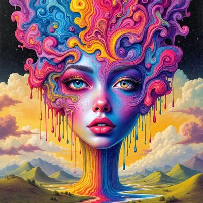 The primary subject of the image is a woman with a vibrant and colorful appearance. She has a head full of colorful hair and is wearing a lot of makeup. The setting is a beautiful landscape with a river and mountains in the background. The visual style is a combination of digital art and illustration, creating a unique and eye-catching image. The colors and mood of the image are lively and energetic, with a strong focus on the woman's striking appearance.